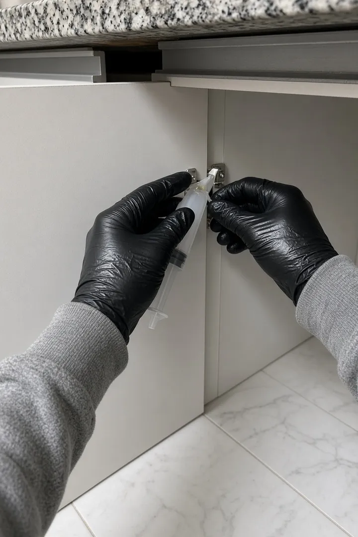 Aplicação de gel nas dobradiças do armário da pia