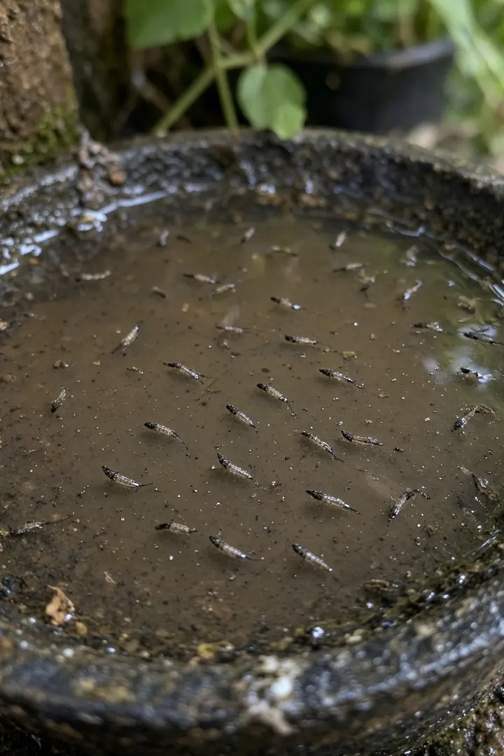 Larvas de mosquito em água parada no prato de planta